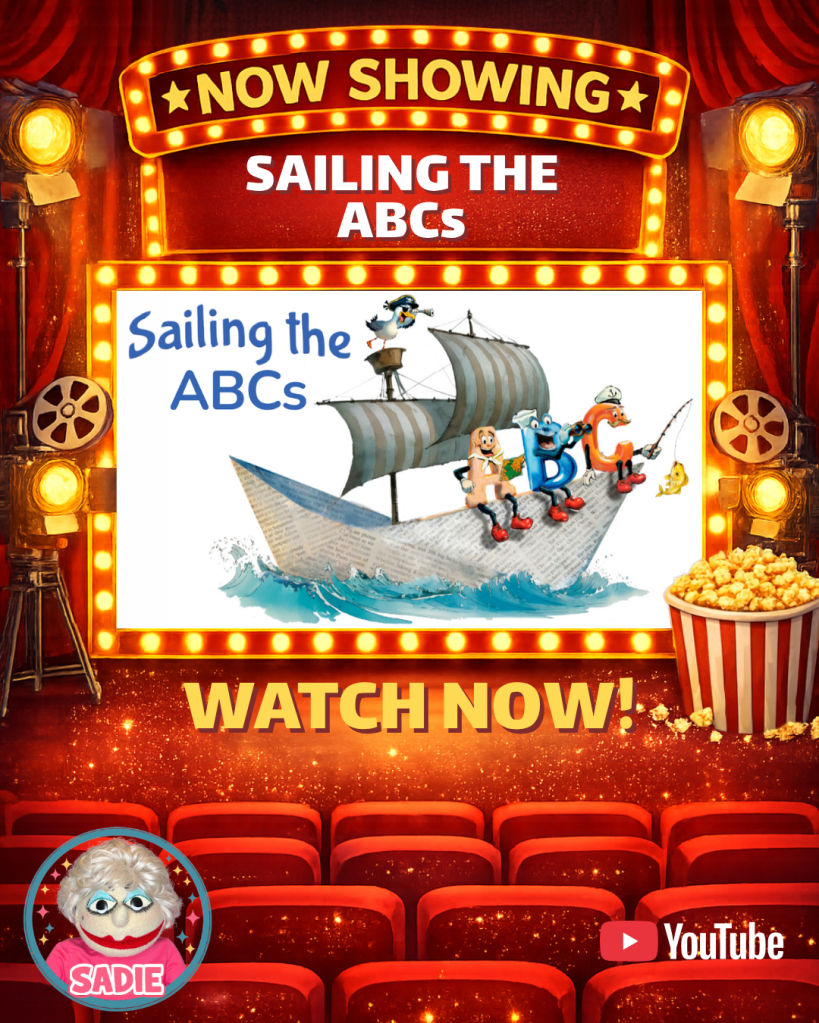 A colorful movie poster advertising 'Sailing the ABCs', featuring animated characters on a boat, with the text 'NOW SHOWING' at the top and 'WATCH NOW!' at the bottom.