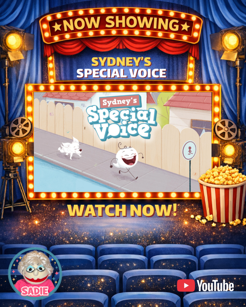 Promotional image for 'Sydney's Special Voice', featuring animated characters in a vibrant theater setting with a 'Watch Now!' call to action.