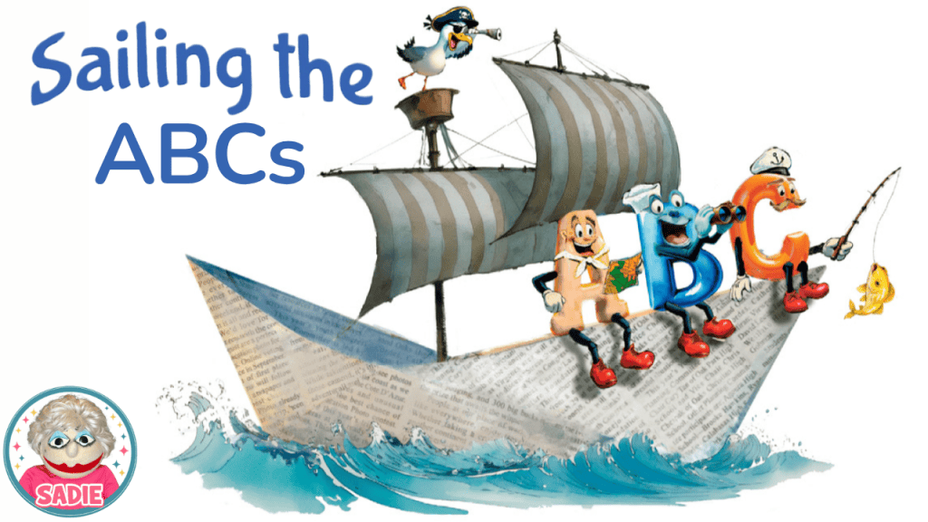 Illustration of a ship sailing on water with animated letters A, B, and C dressed as sailors, fishing from the boat. The text 'Sailing the ABCs' is prominently displayed above.