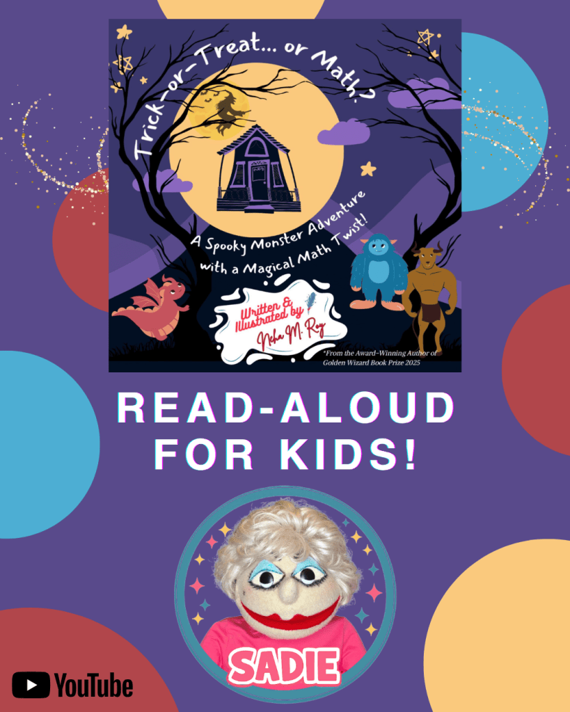 Cover art for the children's book 'Trick or Treat... or Math?', featuring a spooky house, monsters, and a title emphasizing a magical math theme.