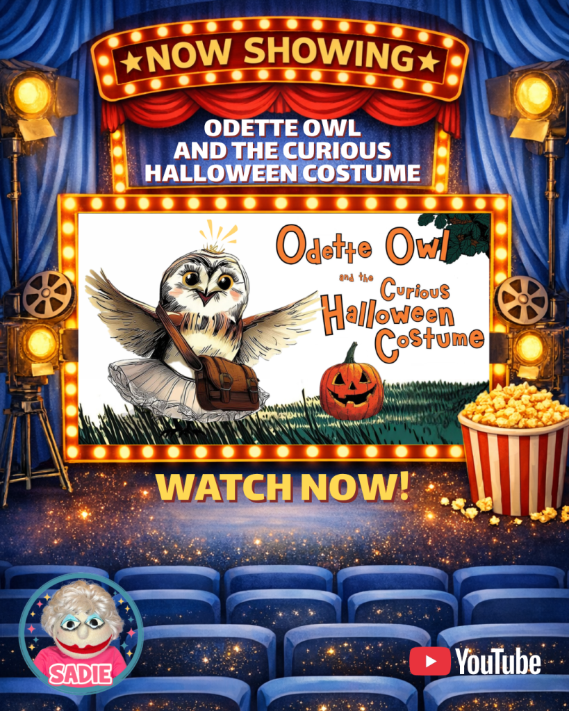 A colorful movie poster for 'Odette Owl and the Curious Halloween Costume.' The poster features an animated owl character wearing a bag and a tutu, with a jack-o'-lantern nearby. Bright lights frame the title, and the background resembles a theater stage with velvet curtains. There is a popcorn container and a character named 'Sadie' at the bottom, along with a 'Watch Now!' prompt.