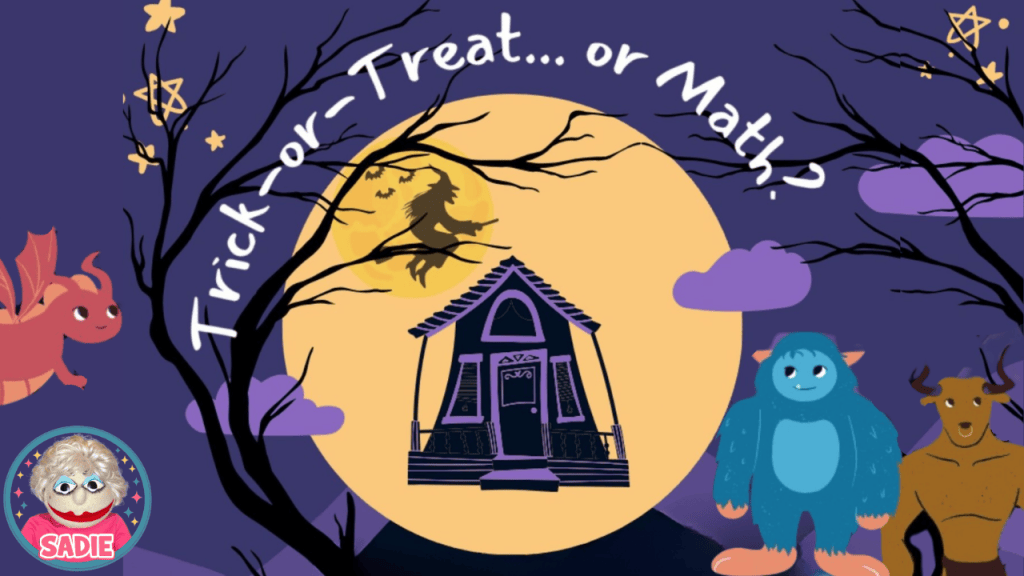 A whimsical Halloween-themed illustration featuring a house silhouette under a large moon, surrounded by bare trees. There are playful characters including a pink dragon, a blue plush monster, and a brown deer, with the text 'Trick or Treat... or Math?' prominently displayed.